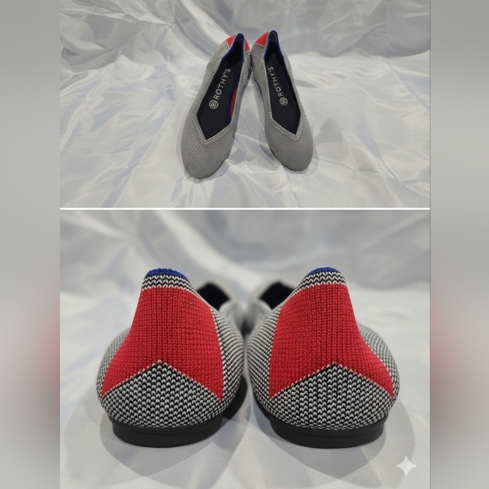 Retired Rothy’s The Point Black & White Herringbone Red Stripe Flat 7.5 EUC